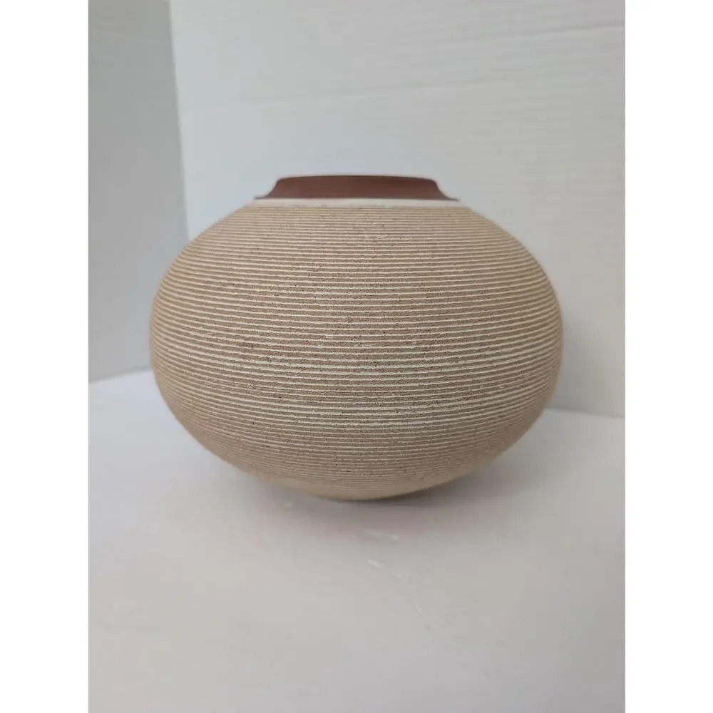Renee Margolin Studio Pottery Vase Fine Grooved Sphere Ceramic Art Piece